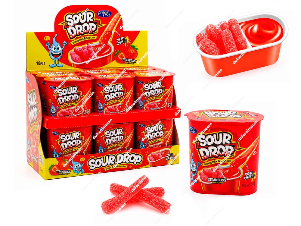 Caja expositora de Profisa sour drop fresa 18 uds mostrando las tarrinas con compartimentos de gominola y sirope líquido de fresa ácida - Dulcealmacen archivo 6993980200482_resultado.avif