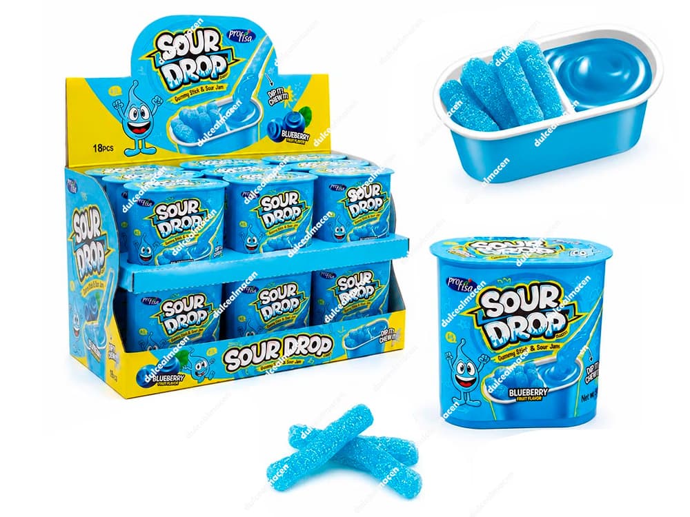 Caja expositora de Profisa sour drop blueberry 18 uds mostrando las tarrinas con compartimentos de gominola y sirope líquido de arándano azul ácido - Dulcealmacen archivo 6993980200499_resultado.avif