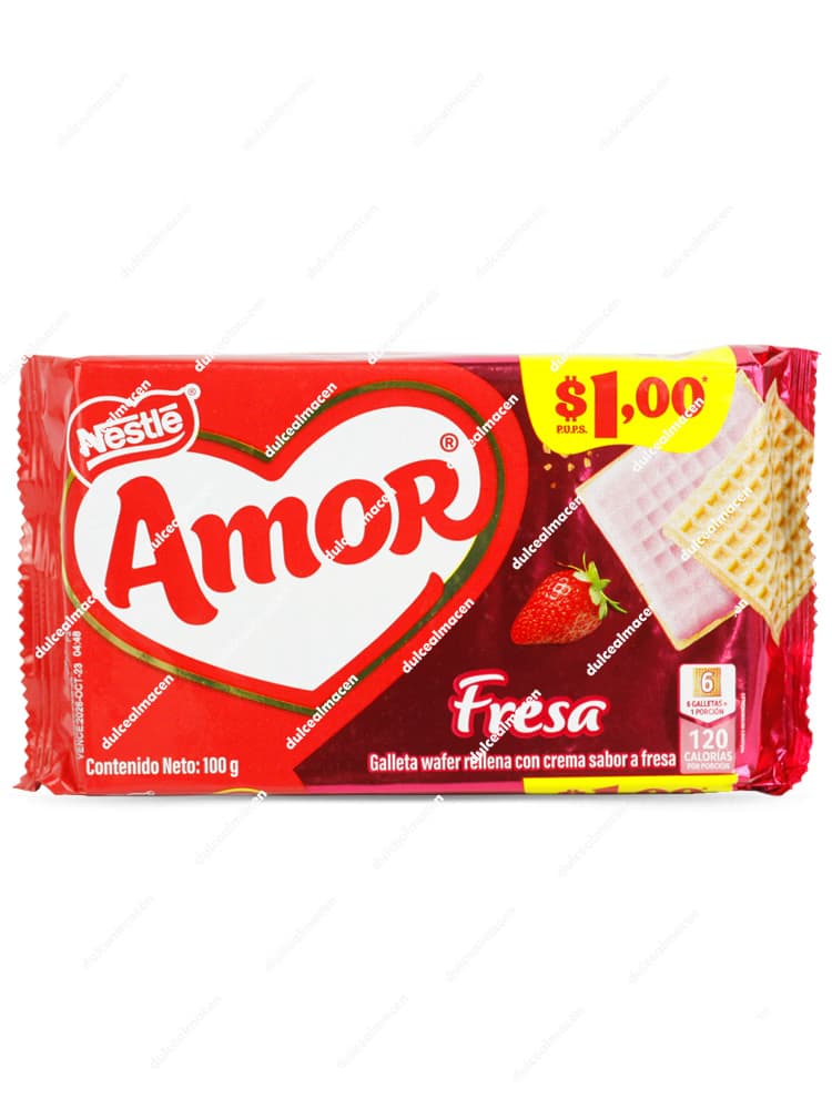 Paquete de color rosa brillante de galletas Nestlé Wafer Amor Fresa 100 gr mostrando ilustraciones de barquillos rellenos de crema de fresa y el logotipo clásico de Nestlé en el archivo 7861091158338v_resultado.avif - Dulcealmacen