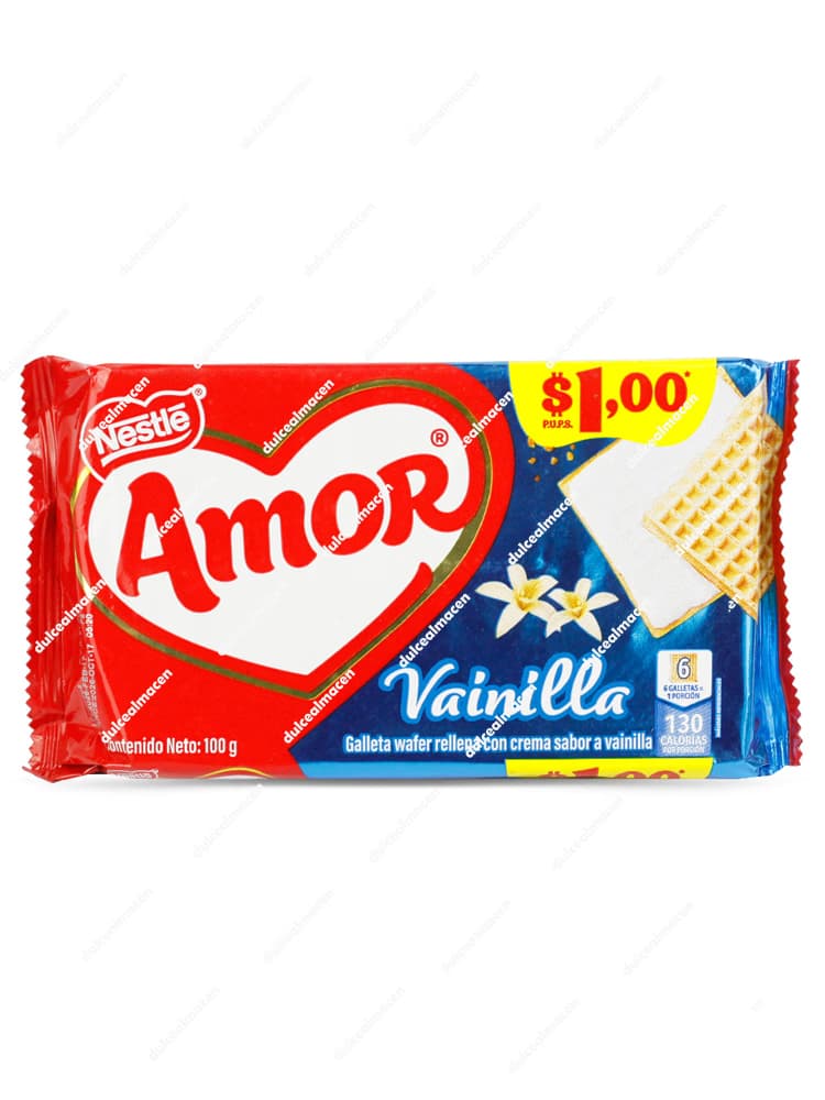 Paquete de color amarillo brillante de galletas Nestlé Wafer Amor Vainilla 100 gr mostrando ilustraciones de barquillos rellenos de crema de vainilla y el logotipo clásico de Nestlé en el archivo 7861091158345v_resultado.avif - Dulcealmacen