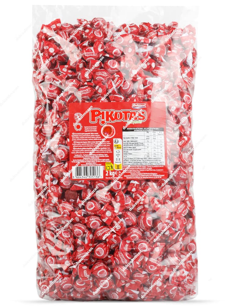 Bolsa familiar de Dulciora pikotas cereza 2 kg mostrando los caramelos grageados individuales con su envoltorio rojo tradicional - Dulcealmacen archivos 8410235300288_resultado_2.avif, 8410235300288x_resultado_2.avif y 8410235300288xx_resultado_2.avif