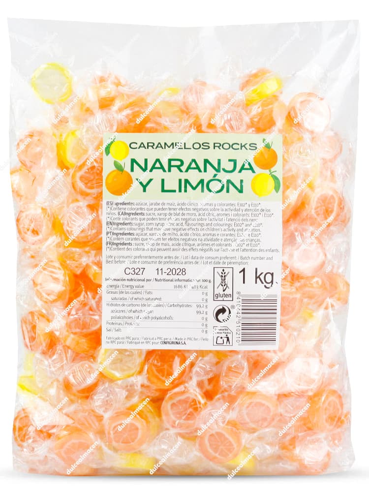 Bolsa de un kilogramo de Gerio caramelos naranja/limón 1kg que muestra los dulces duros artesanales envueltos individualmente sostenidos por una silueta - Dulcealmacen