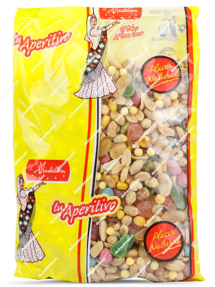 Bolsa familiar de Madrileña coctel especial goma 1kg mostrando el empaque amarillo translúcido con el mix de frutos secos y gominolas de colores en su interior - Dulcealmacen archivo 8410944215149_resultado.avif