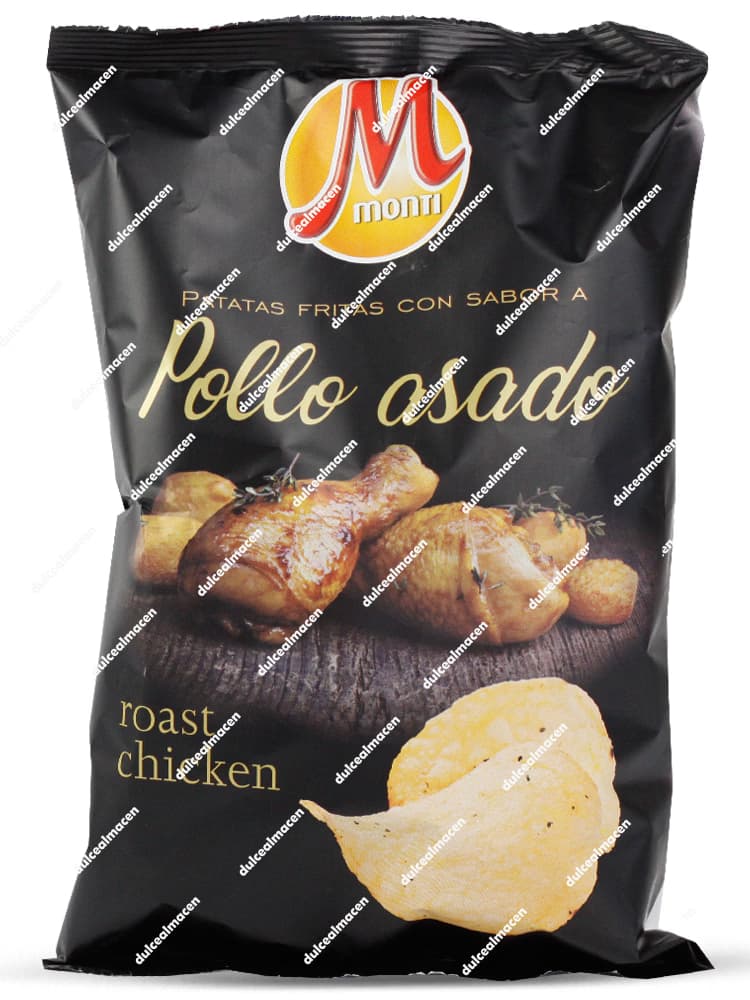 Bolsa negra de Monti patatas pollo asado 130gr con ilustración de un pollo asado y patatas fritas chips crujientes - Dulcealmacen