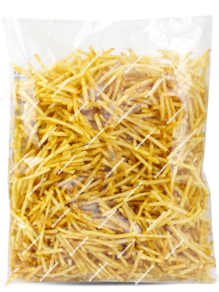 Bolsa transparente llena de Monti patatas paja 180gr mostrando las finas tiras de patatas fritas crujientes y doradas cortadas en hilos - Dulcealmacen