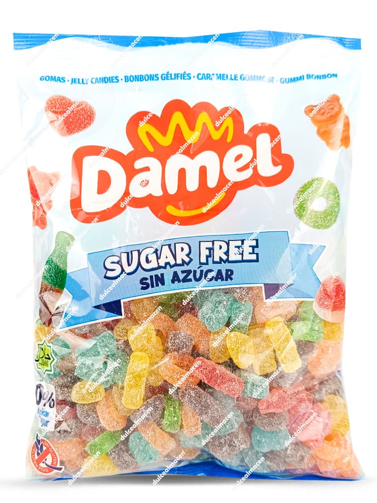 Bolsa de Damel mini mix acido S/A 1kg con ventana transparente que muestra el surtido multicolor de gominolas sin azúcar y sin gluten recubiertas de pica - Dulcealmacen