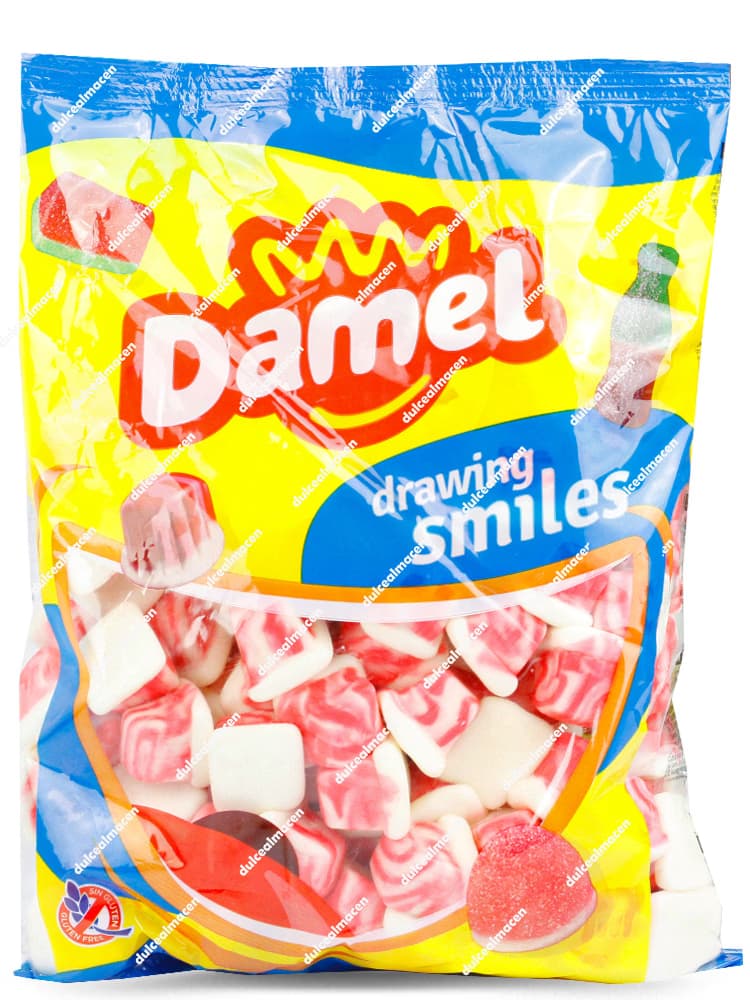 Bolsa vertical amarilla y azul de Damel yoguritos 1kg repleta de gominolas de textura batida en colores blanco y rosa con el logotipo de Damel y el sello Sin Gluten impresos - Dulcealmacen archivos 8411500211162_resultado.avif, 8411500211162x_resultado.avif y 8411500211162xx_resultado.avif