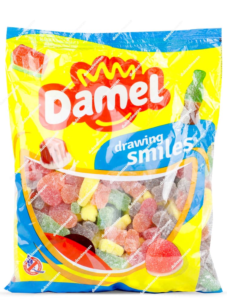 Bolsa familiar de Damel surtido azúcar 1kg mostrando el empaque amarillo y azul translúcido con gomitas variadas recubiertas de azúcar sin gluten en su interior - Dulcealmacen archivo 8411500214576_resultado.avif
