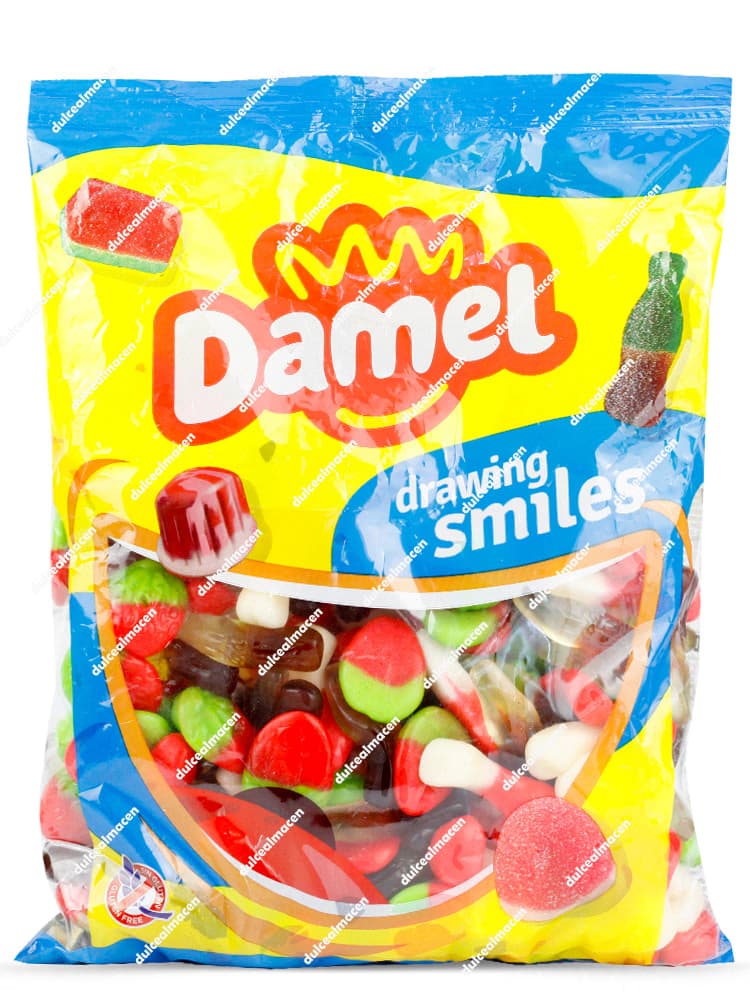 Bolsa familiar de Damel surtido brillo 1kg mostrando el empaque amarillo y azul translúcido con gomitas variadas sin gluten en su interior - Dulcealmacen archivo 8411500227880_resultado_2.avif
