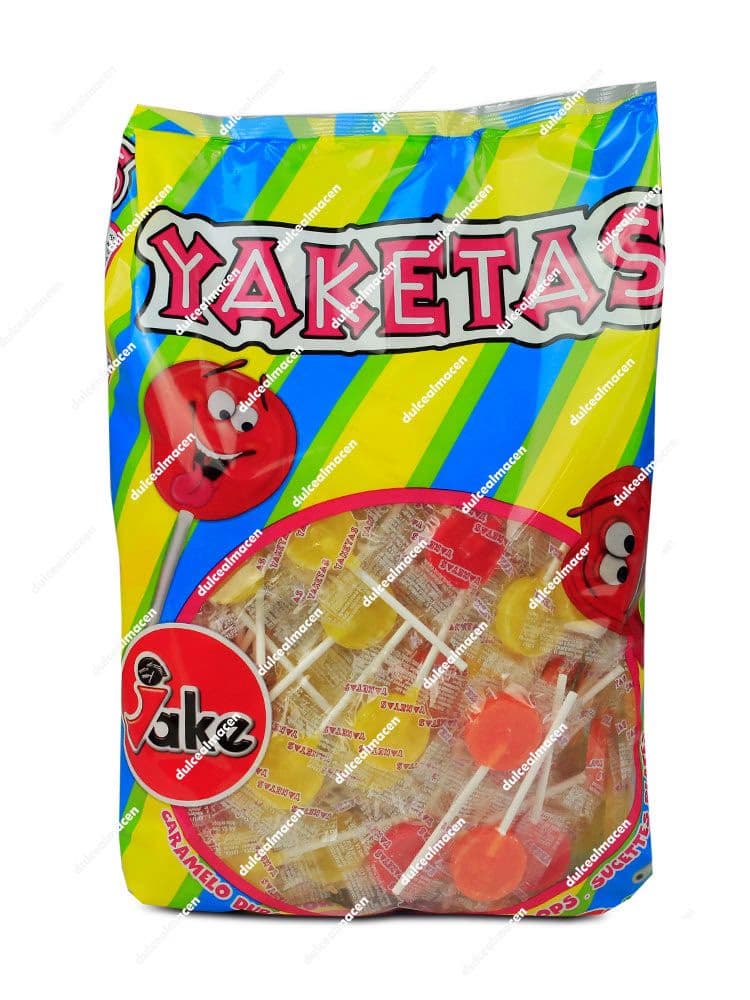Bolsa vertical transparente y llamativa de Jake jaketas piruleta surtida 150 uds mostrando caramelos con palo de varios colores envueltos individualmente con ilustraciones de piruletas sonrientes en el empaque amarillo y azul - Dulcealmacen archivo 8412147024993_resultado.avif