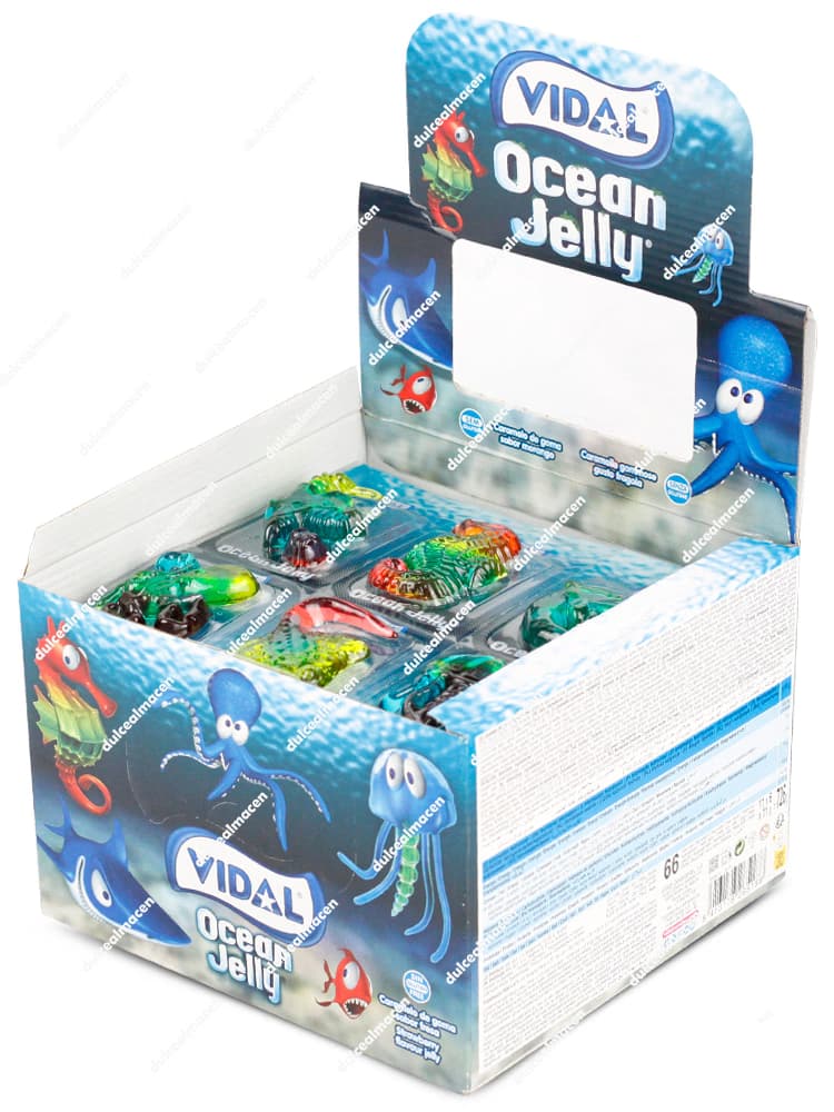 Caja expositora y blísters individuales de Vidal ocean jelly 66 uds mostrando las gominolas tridimensionales de animales marinos como caballitos de mar y pulpos - Dulcealmacen