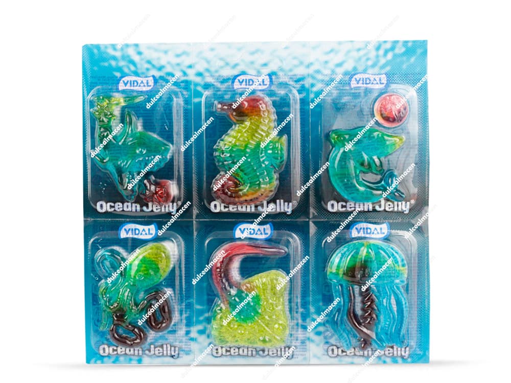 Caja expositora y blísters individuales de Vidal ocean jelly 66 uds mostrando las gominolas tridimensionales de animales marinos como caballitos de mar y pulpos - Dulcealmacen
