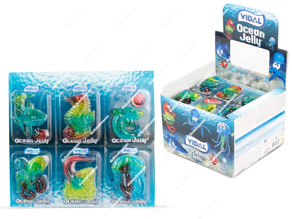Caja expositora y blísters individuales de Vidal ocean jelly 66 uds mostrando las gominolas tridimensionales de animales marinos como caballitos de mar y pulpos - Dulcealmacen