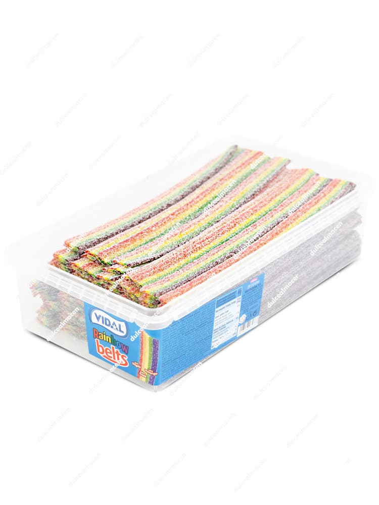 Caja expositora transparente rellena de Vidal lenguas colores 200 uds que muestra las tiras de gominola multicolor con cobertura de azúcar pica - Dulcealmacen