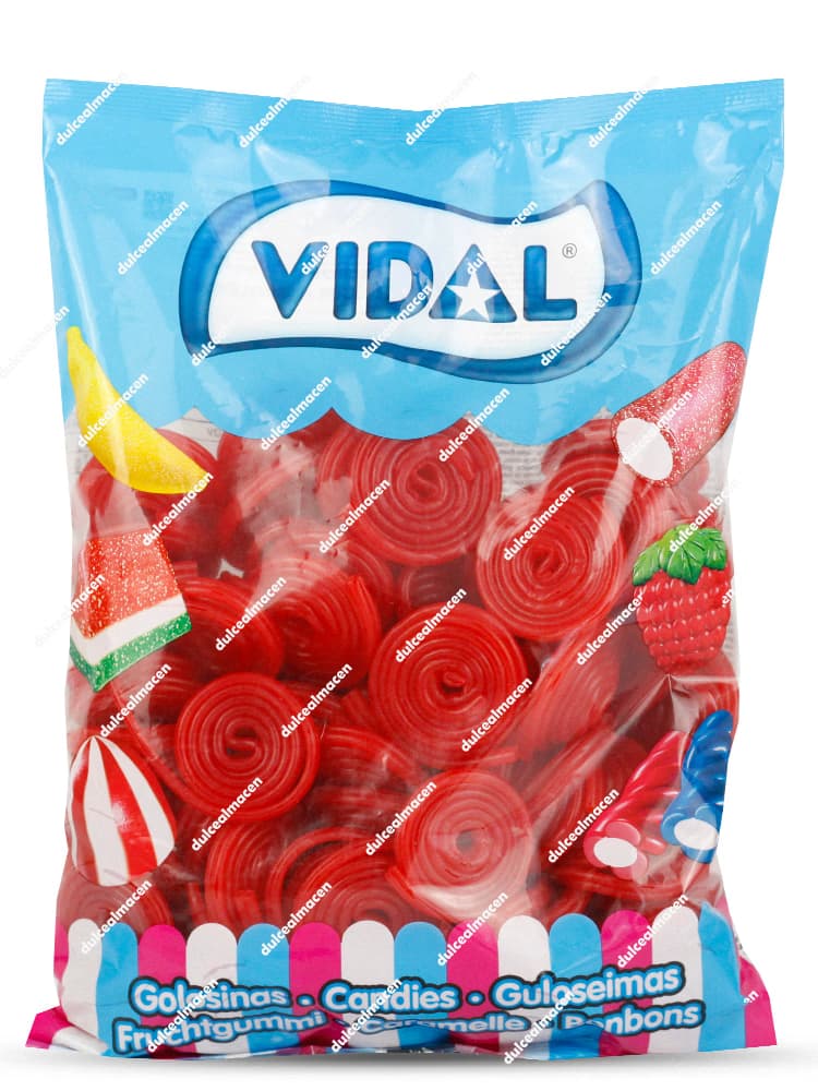 Bolsa de Vidal discos rojos 1kg con diseño azul y ventana transparente que muestra las ruedas de regaliz rojo en espiral sabor fresa - Dulcealmacen