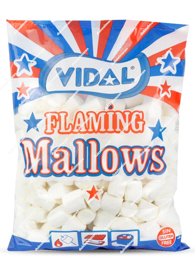 Bolsa familiar de vidal nubes mallows barbacoa flaming 1kg con diseño de barras y estrellas mostrando las nubes blancas listas para asar - Dulcealmacen
