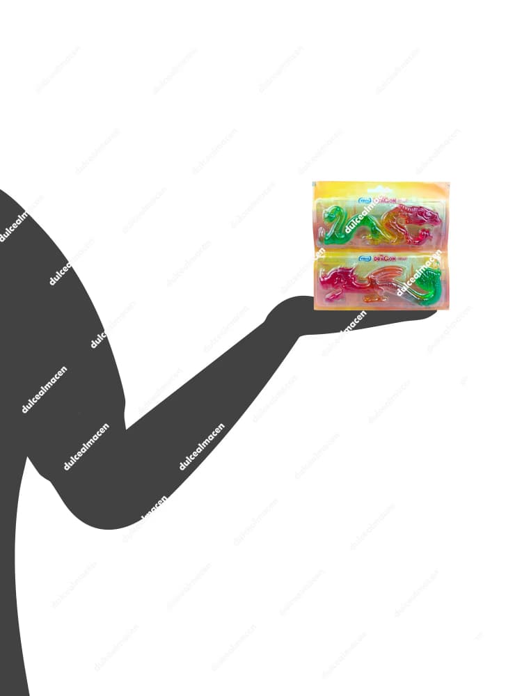 Caja expositora y blísters individuales de Vidal dragon jelly 22 uds mostrando las gominolas tridimensionales y coloridas con formas de dragón - Dulcealmacen