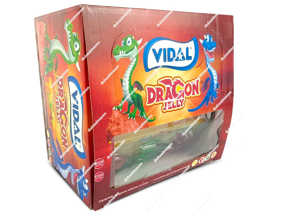 Caja expositora y blísters individuales de Vidal dragon jelly 22 uds mostrando las gominolas tridimensionales y coloridas con formas de dragón - Dulcealmacen