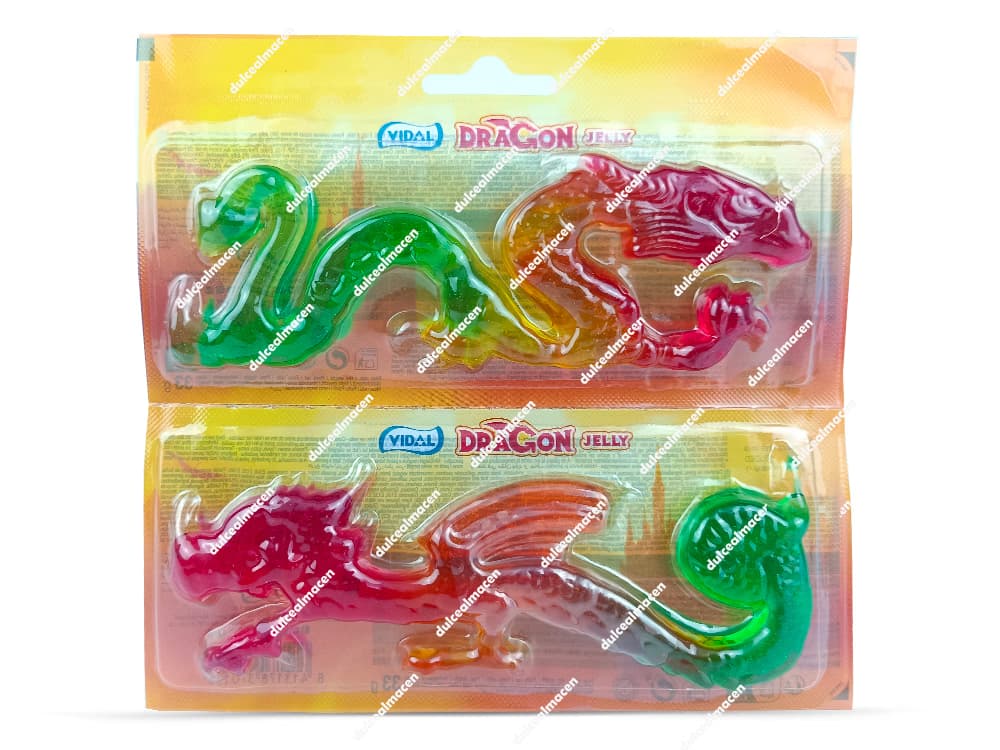 Caja expositora y blísters individuales de Vidal dragon jelly 22 uds mostrando las gominolas tridimensionales y coloridas con formas de dragón - Dulcealmacen