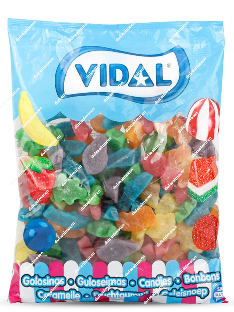 Bolsa de Vidal ocean mix 1kg con ventana transparente que muestra un colorido surtido de gominolas y caramelos de goma con formas marinas - Dulcealmacen