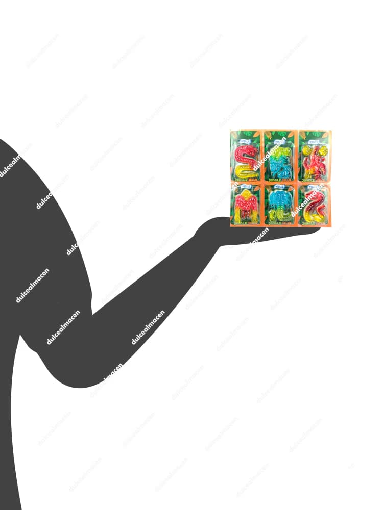 Caja expositora y blísters individuales de Vidal jungle jelly 22 uds mostrando las gominolas tridimensionales con formas de animales de la selva - Dulcealmacen