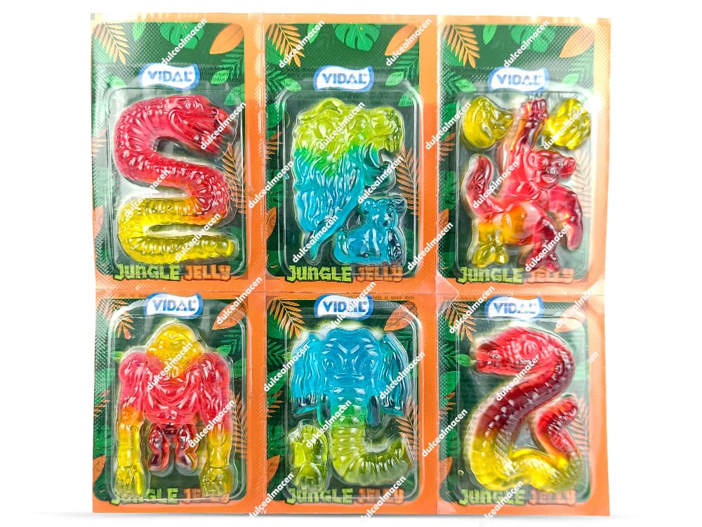 Caja expositora y blísters individuales de Vidal jungle jelly 22 uds mostrando las gominolas tridimensionales con formas de animales de la selva - Dulcealmacen