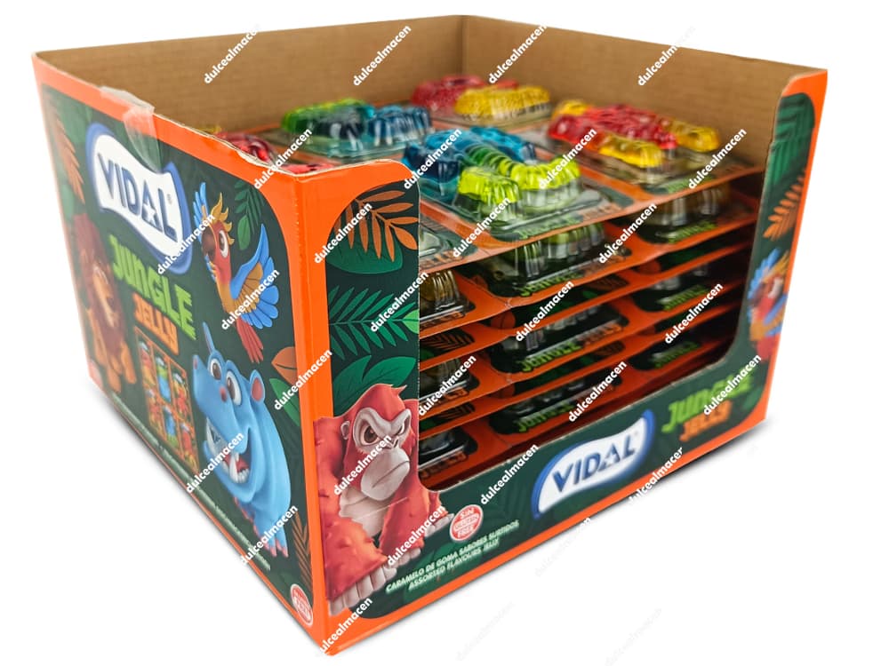 Caja expositora y blísters individuales de Vidal jungle jelly 22 uds mostrando las gominolas tridimensionales con formas de animales de la selva - Dulcealmacen