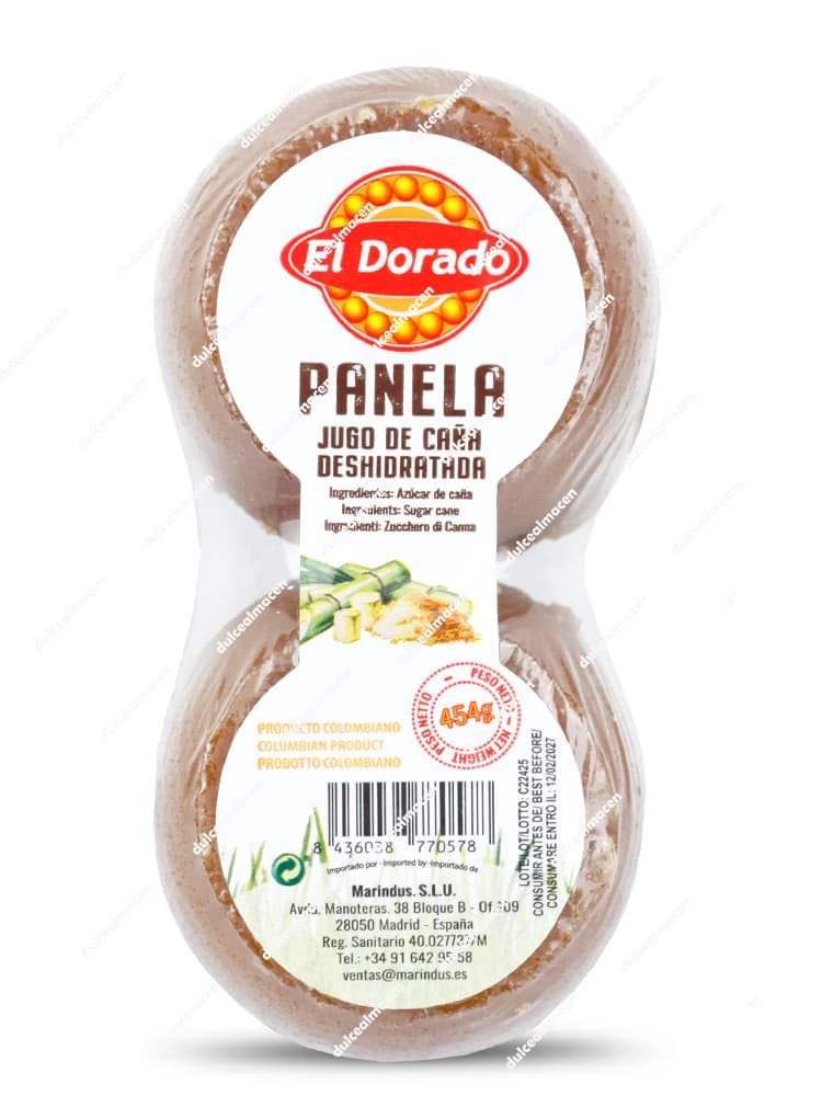 Bloque redondeado de Panela El Dorado 454 gr envuelto en plástico transparente con su etiqueta blanca y logotipo rojo circular en el archivo 8436038770578_resultado.avif - Dulcealmacen