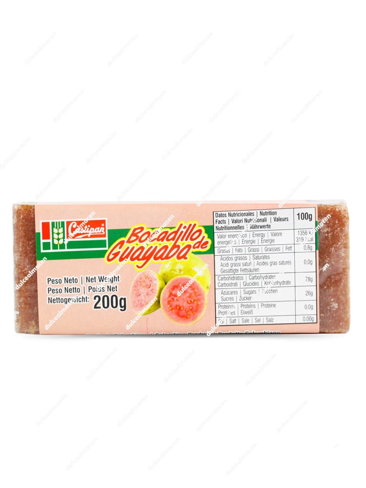 Paquete rectangular con diseño verde y blanco de Castipan Bocadillo de Guayaba 200 gr mostrando la marca e ilustraciones de guayabas maduras abiertas en las imágenes 8436038771568vv_resultado.avif y 8436038771568v_resultado.avif - Dulcealmacen