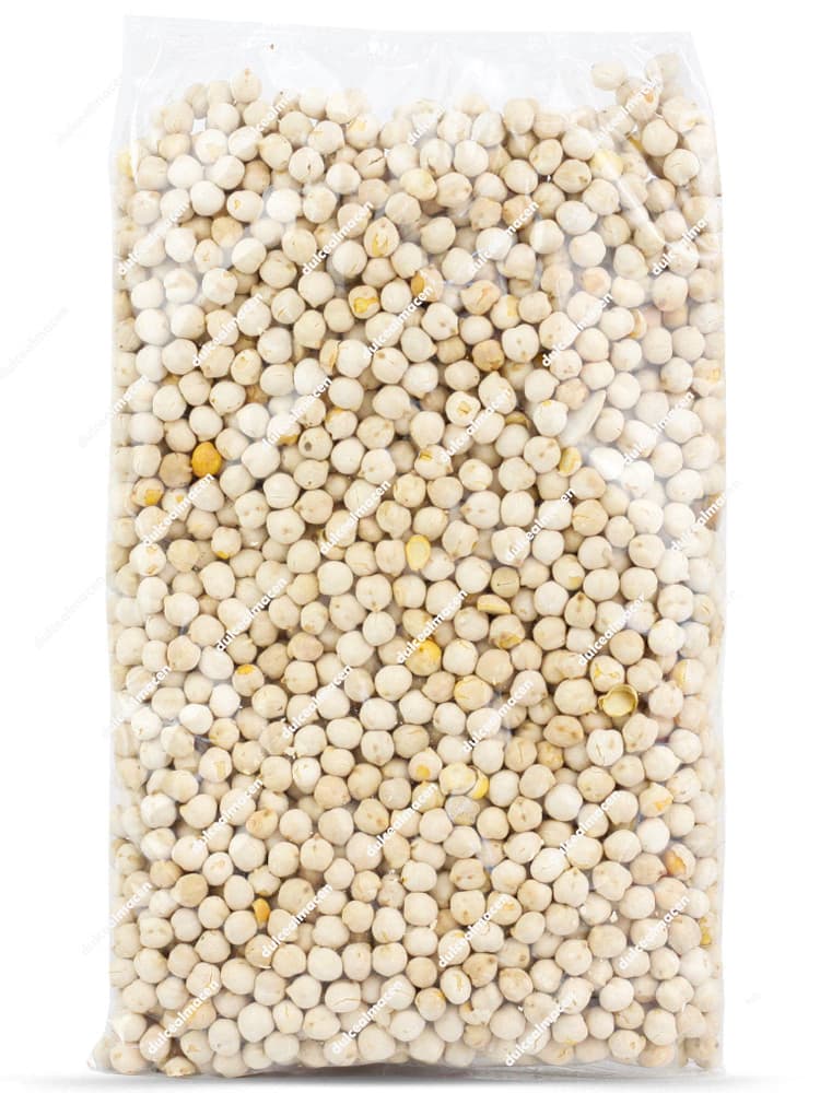 Bolsa transparente de Arte garbanzo blanco torrado 1kg mostrando los garbanzos tostados artesanales de calibre seleccionado en su interior - Dulcealmacen archivo 8436552395325_resultado.avif