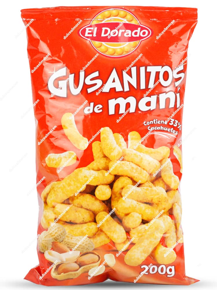 Bolsa de color amarillo y rojo de Dorado Gusanitos de Maní 200 gr mostrando el logotipo de la marca y la ilustración de los snacks crujientes de cacahuete en los archivos 8436555740832_resultado.avif y 8436555740832x_resultado.avif - Dulcealmacen