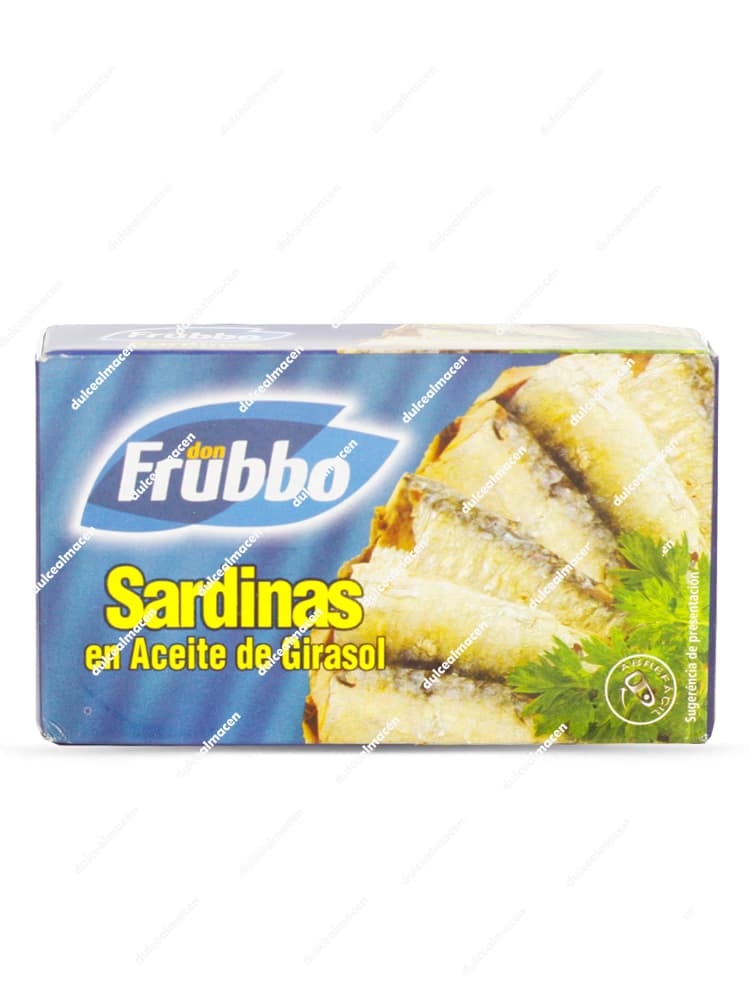 Lata metálica con diseño marino azul de Frubbo Sardinas girasol 125gr mostrando la ilustración de tres sardinas plateadas y el sello de abre fácil en las imágenes 8436555743697vv_resultado.avif y 8436555743697v_resultado.avif - Dulcealmacen