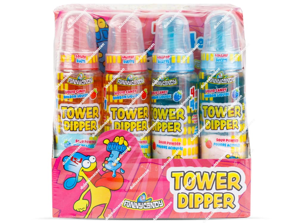 Caja expositora de Funny tower dipper 12 uds mostrando los envases de plástico en forma de torre con caramelo líquido y polvo ácido de frutas - Dulcealmacen archivo 8436561096107_resultado.avif
