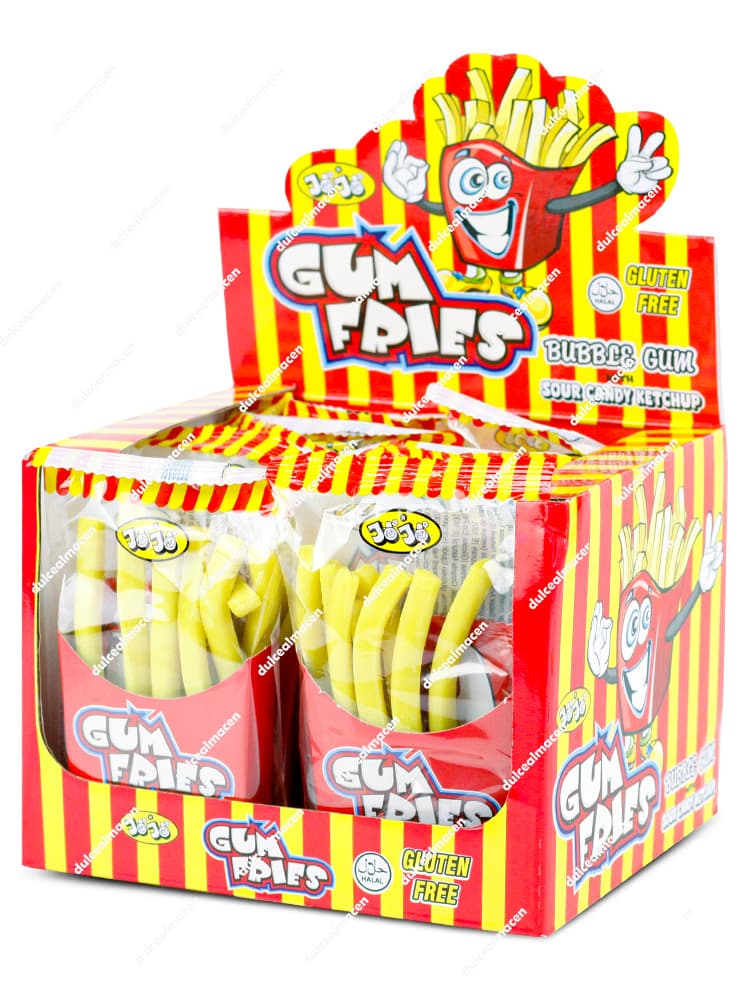 Caja expositora de Jojo gum fries 12 uds mostrando los envases individuales de chicles con forma de patatas fritas y salsa de kétchup dulce sin gluten - Dulcealmacen archivo 9200503051344_resultado.avif