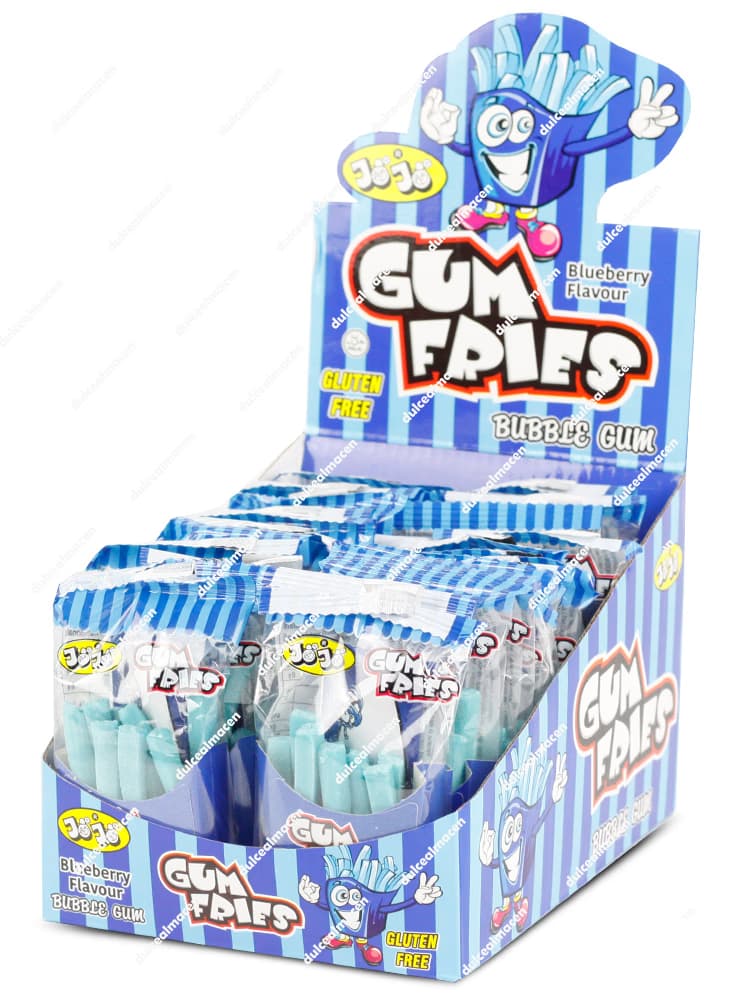 Caja expositora de Jojo gum fries blueberry 24 uds mostrando los paquetes individuales de chicles con forma de patatas fritas de color azul - Dulcealmacen archivo 9200503055977_resultado.avif