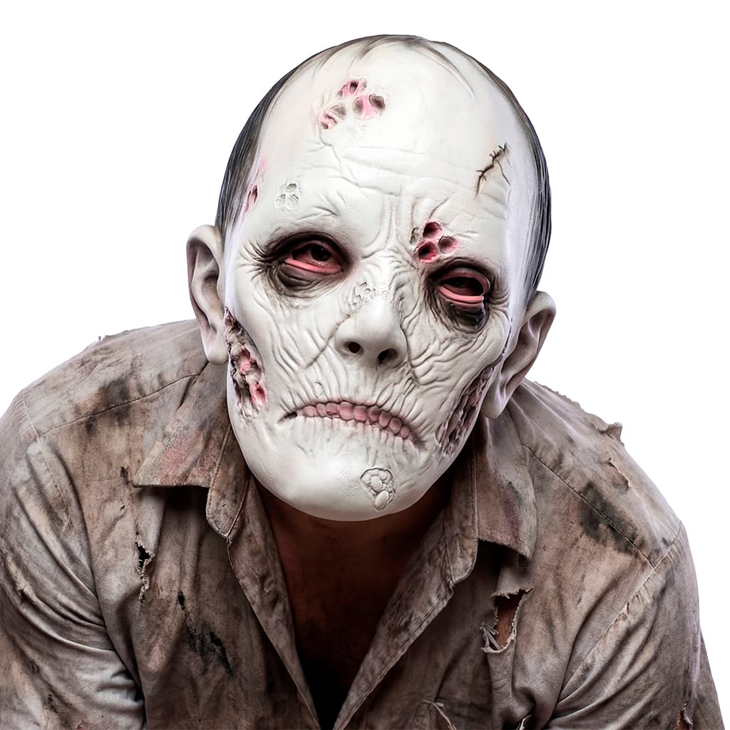 Modelo luciendo la Fyasa Máscara Zombie de terror con detalles de heridas en Dulcealmacen