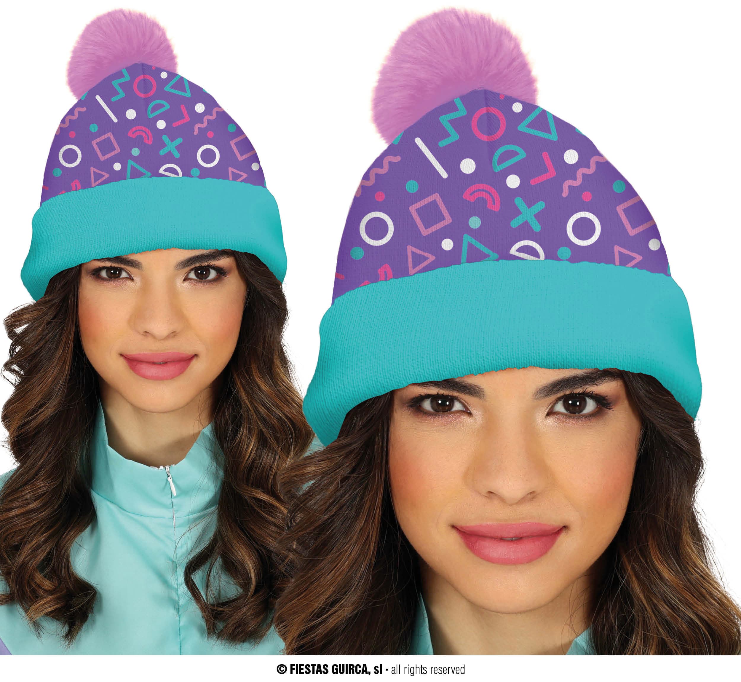 Guirca Gorro Lana Turquesa Y Rosa con pompón y motivos geométricos retro en Dulcealmacen