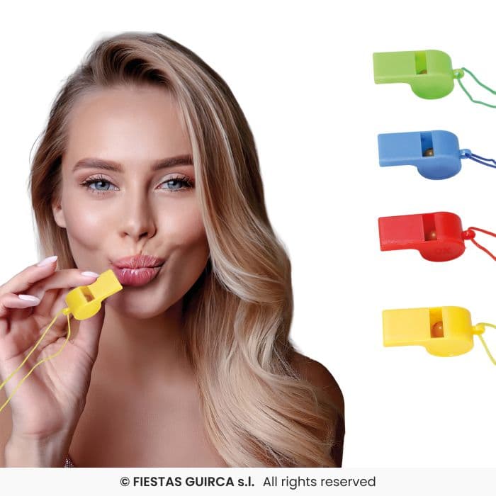 Guirca 4 Silbatos Con Cuerda Surtidos pitos de plastico de colores para fiestas en Dulcealmacen