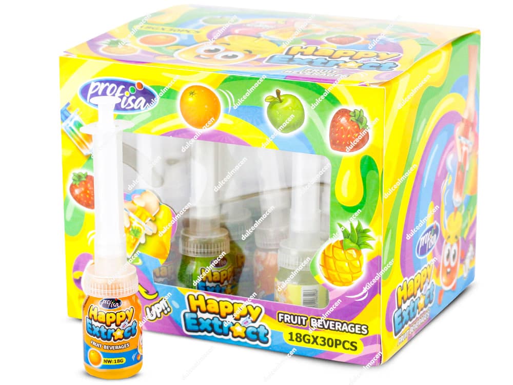 Expositor de 30 unidades de jeringuillas con caramelo líquido Happy Extract de Profisa en Dulcealmacen