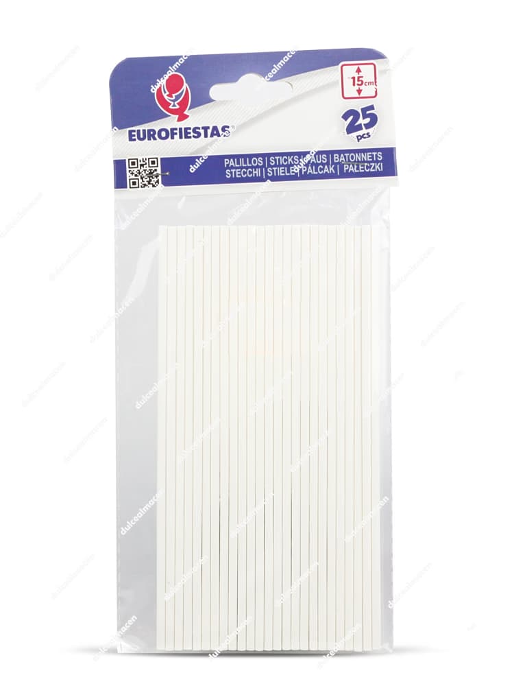 Paquete de 25 palillos blancos de 15 cm de Eurofiestas para realizar tartas de chuches de gran formato y brochetas de golosinas - Dulcealmacen