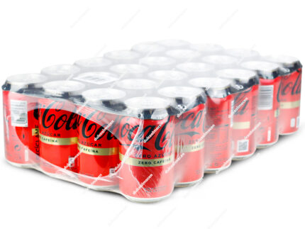 Lata de Coca-Cola Zero Zero de 33 cl con diseño rojo y negro, destacando los textos 'zero azúcar' y 'zero cafeína' - Dulcealmacen