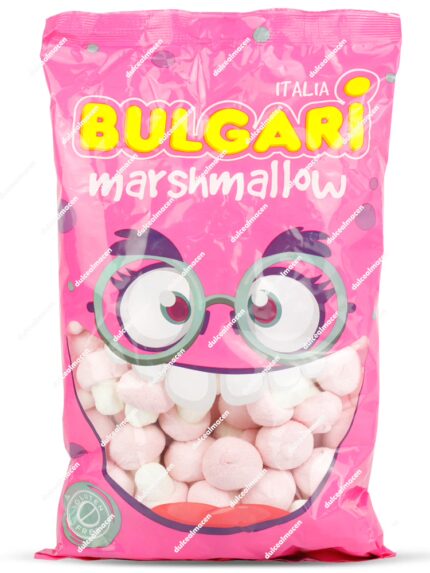 Bolsa de nubes Bulgari Marshmallow mostrando las setas bicolores rosas y blancas, con sellos de Sin Gluten, Sin Huevo y Sin Leche - Dulcealmacen