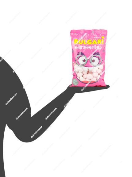 Bolsa de nubes Bulgari Marshmallow mostrando las setas bicolores rosas y blancas, con sellos de Sin Gluten, Sin Huevo y Sin Leche - Dulcealmacen