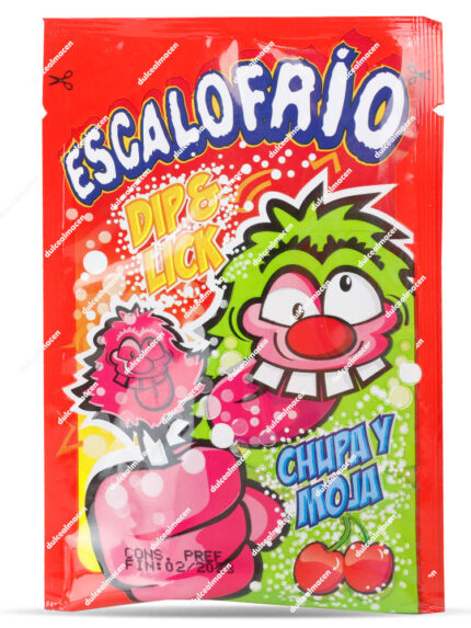 Estuche expositor rojo de 40 sobres de Escalofrio Dip & Lick de Juan López junto a un sobre individual mostrando la piruleta y el sello Sin Gluten - Dulcealmacen