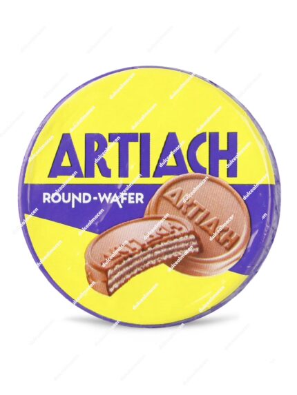 Gran caja expositora de cartón de color amarillo y morado de galletas Artiach Round Wafers Avellana conteniendo 30 unidades individuales, mostrando el logotipo de la marca al frente y dos obleas circulares rellenas impresas en el diseño exterior - Dulcealmacen