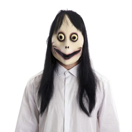 Máscara de Momo de Látex con Pelo mostrando ojos grandes, sonrisa amplia inquietante y melena negra larga - Dulcealmacen