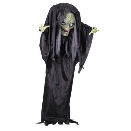 Bruja animatrónica de Halloween de Fyasa con túnica negra, rostro verde arrugado y manos extendidas, dimensiones 160x110x40 cm - Dulcealmacen
