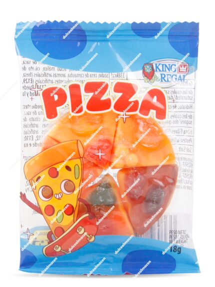 Caja expositora de 36 unidades de gominola con forma de pizza de la marca King Regal, producto sin gluten envuelto individualmente - Dulcealmacen