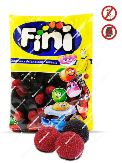 Bolsa amarilla de Fini Moras Grandes de 1 kg con ilustraciones de frutas y caramelos, mostrando en primer plano tres moras grandes rojas y negras con cobertura de bolitas de azúcar - Dulcealmacen