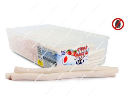 Estuche transparente con 200 unidades de regaliz Fini Regaliz Palo Nata-Fresa de color blanco con relleno rojo y sello de sin huevo - Dulcealmacen